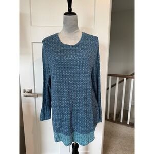 J. Jill Womens Large Blue Teal Geometric Mosaic French Terry Long Sleeve Tunic